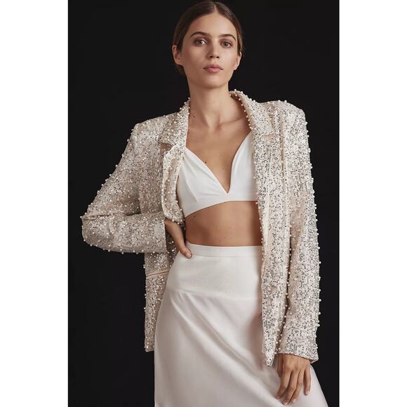 Anthropologie Mable Pearl Sequin Mix Blazer Champagne Sparkle Jacket Size Small - Picture 1 of 7
